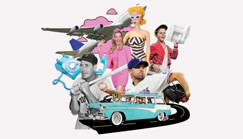 Margot Robbie as Barbie next to original  Barbie doll,; Ted Williams next to Max Scherzer;  modern plane, old telephone, old car, newspaper boy