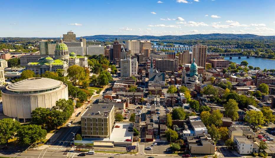 an aerial view of downtown harrisburg pennsylvania