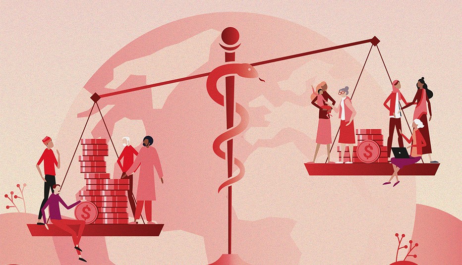 illustration of a scale with people and coins stacked on each side of the scale