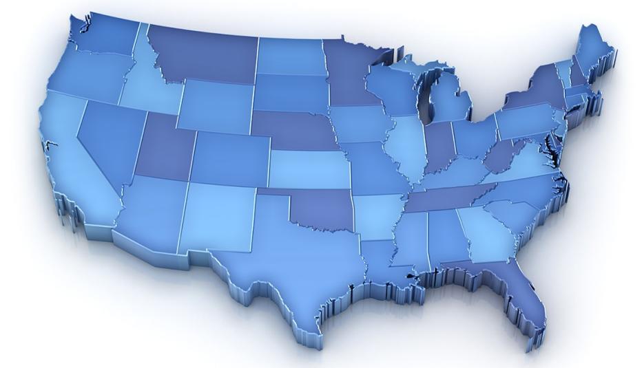 The Continental United States 3D map of the continental United States without state names.