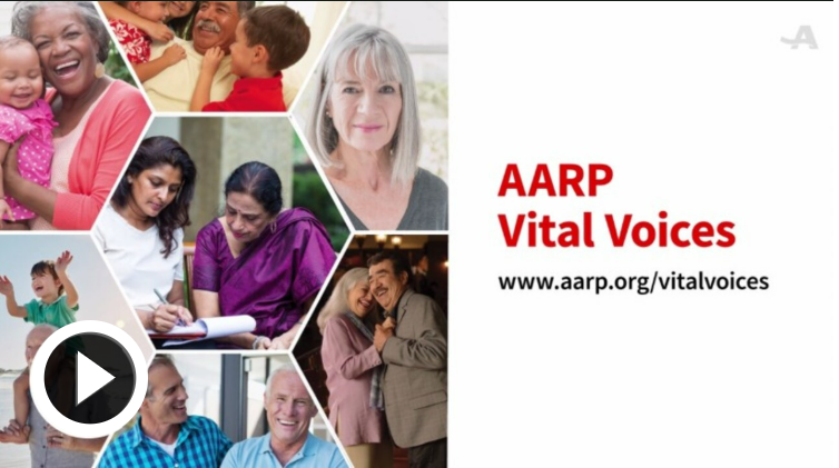 AARP Vital Voices Research, 2022-2024 screenshot of video image showing the title of the page and the URL