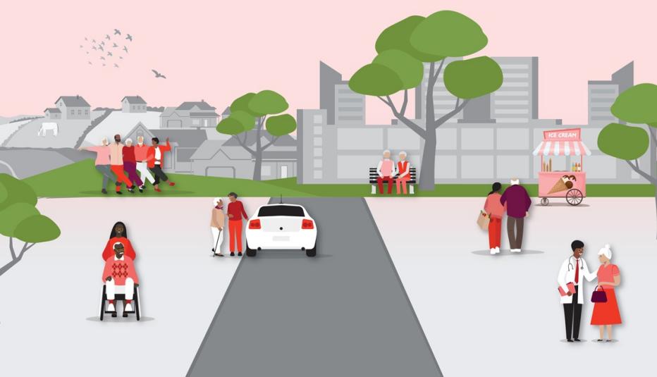 illustration of older and other people doing various things outside