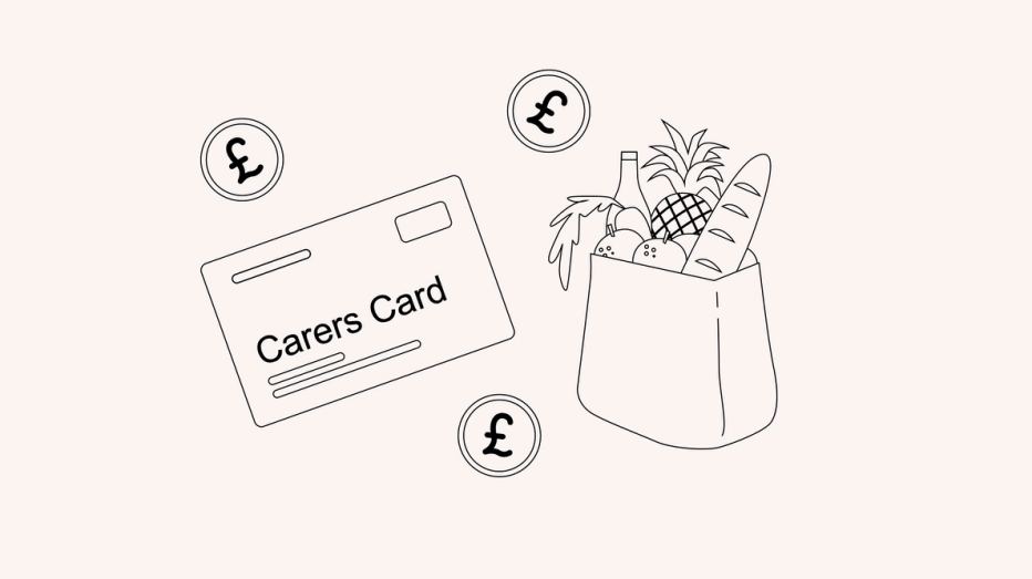banksafe financial caregiving illustration of a Carers Card on left and bag of groceries on right