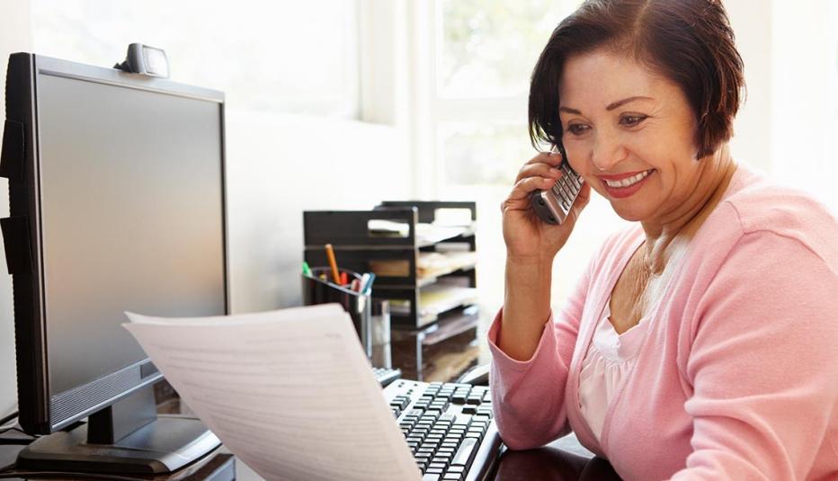 Mature woman, talking on phone, home office, Work for Yourself 50+, AARP Foundation