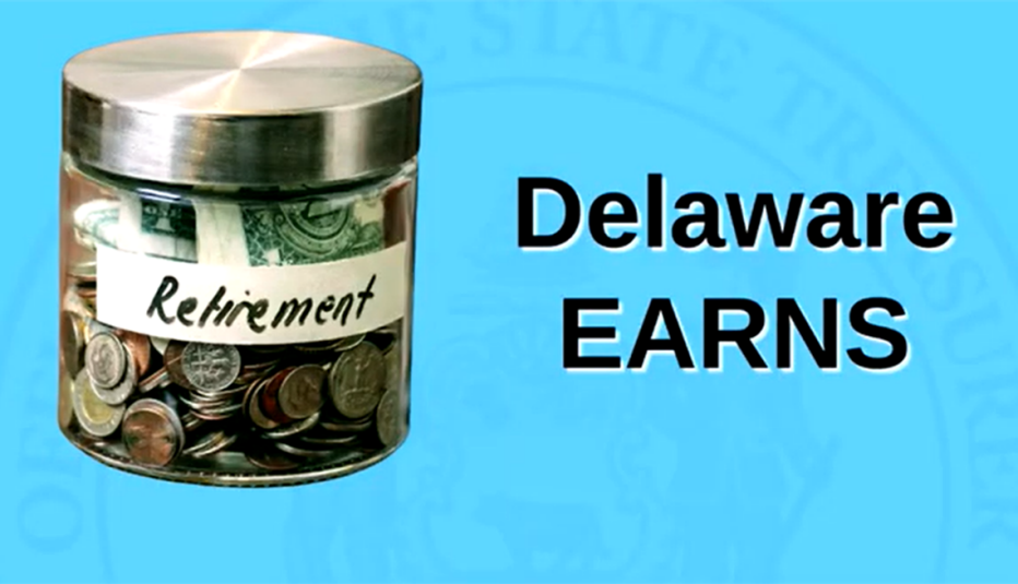 Delaware EARNS Delaware EARNS text with jar full of money with 'retirement' on jar
