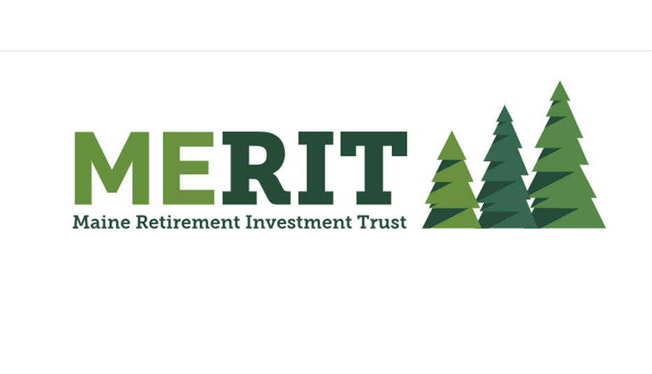 Maine Retirement Savings Program MERIT text with Maine Retirement Investment Trust text underneath it, and evergreen tree illustrations on the right side