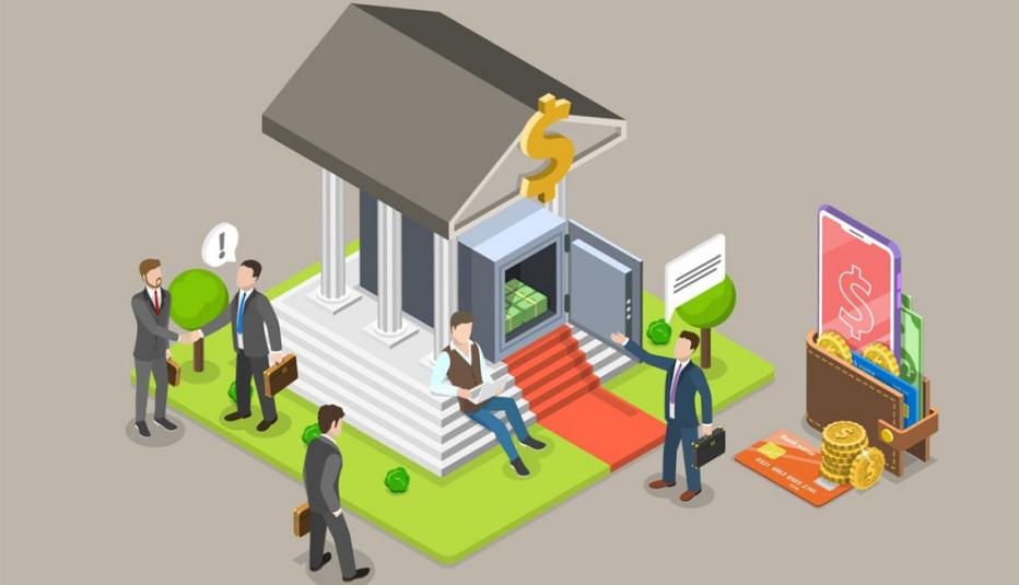 New State Retirement Plans Illustration of a small bank with vault & people with briefcases outside