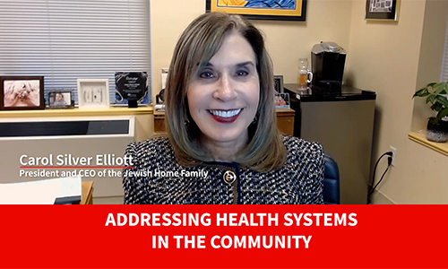 Addressing Health Systems in the Community "Addressing Health Systems in the Community" text below image of Carol Silver Elliott