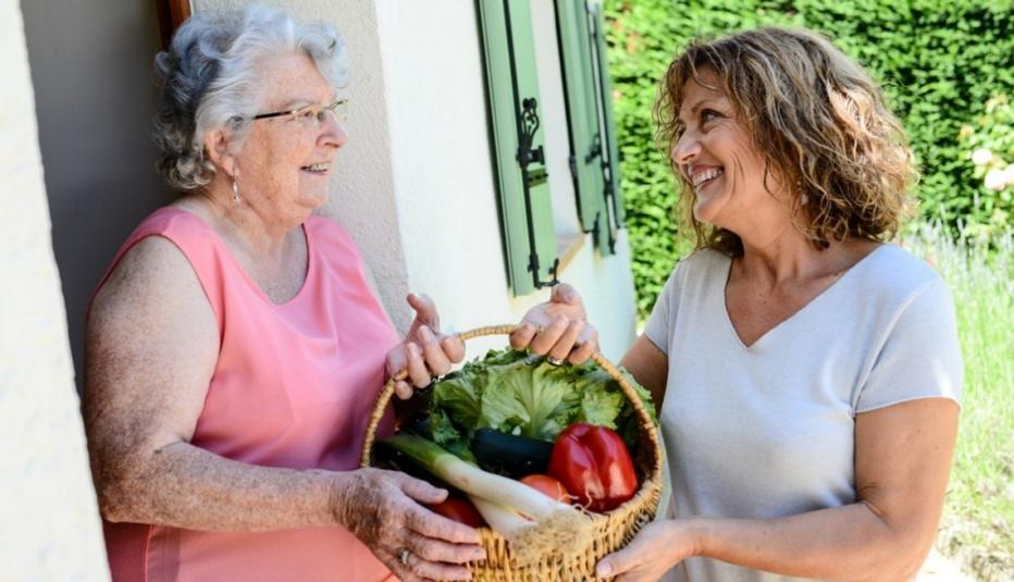 Cheerful woman delivering vegetable basket Cheerful woman delivering vegetable basket