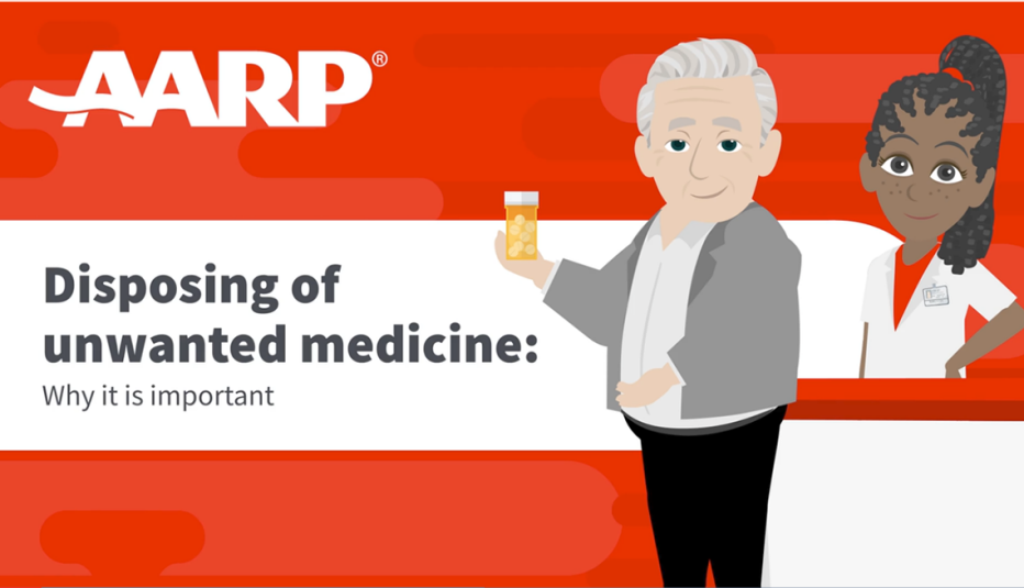 Disposing of unwanted medicine illustration of man holding prescription bottle with a pharmacist behind him