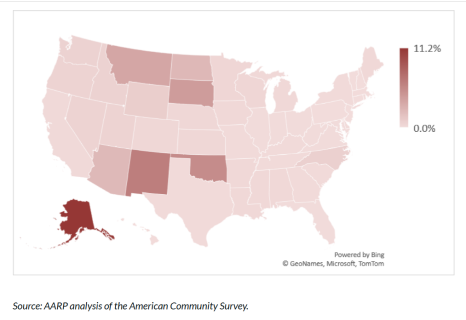 US map showing states shaded colors, indicating percentages of drug assistance options