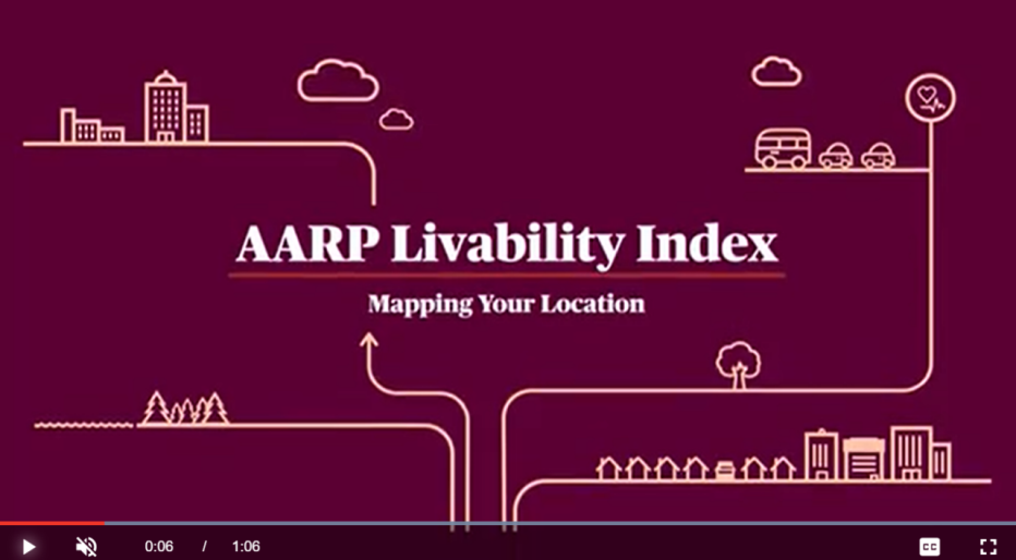 'AARP Livability Index: mapping your location' text surrounded by 4 illustrations of buildings, trees, cars