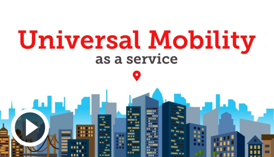 illustration of city skyline with &ldquo;Universal Mobility as a service&rdquo; text above the buildings