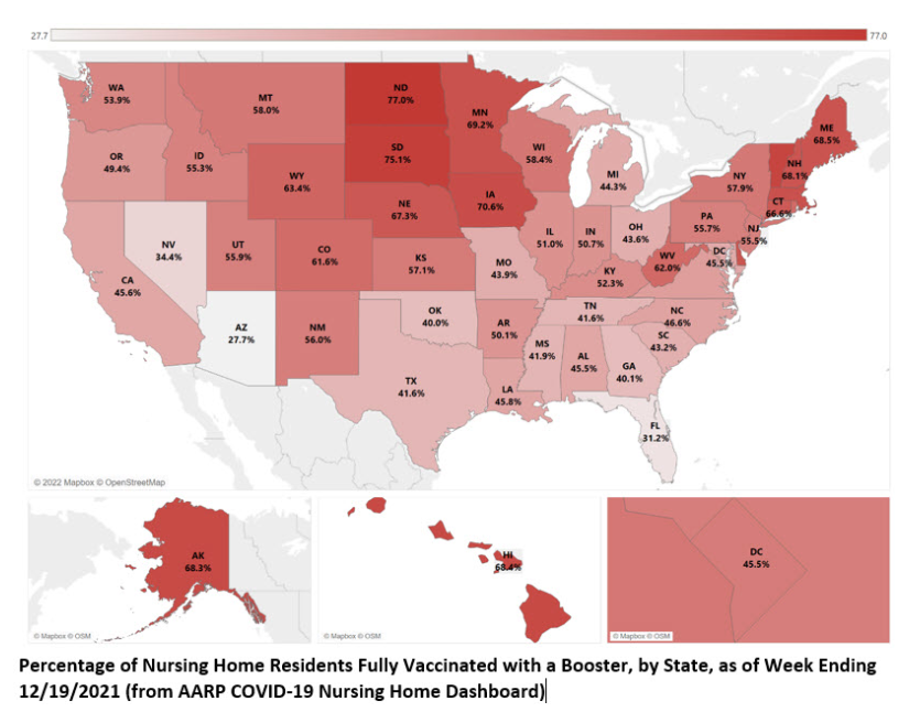 Percentage of nursing home residents fully vaccinated with a booster, by state, week ending 12/19/2021