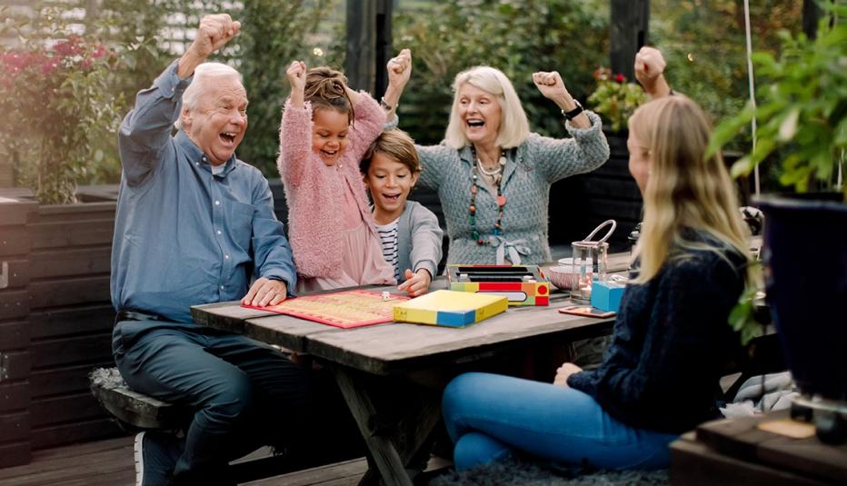 Family playing board game