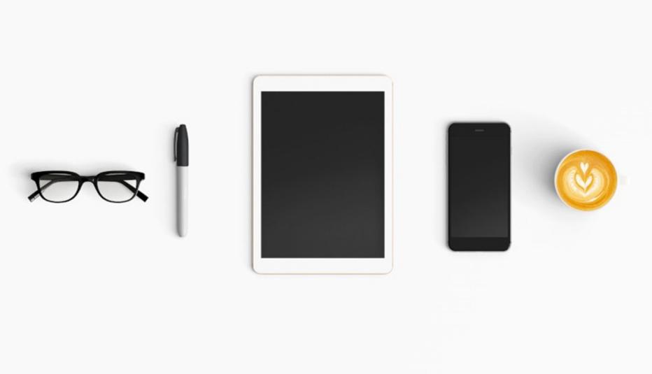Tools for Online Banking Tools for online banking: glasses, pen, tablet, phone, coffee