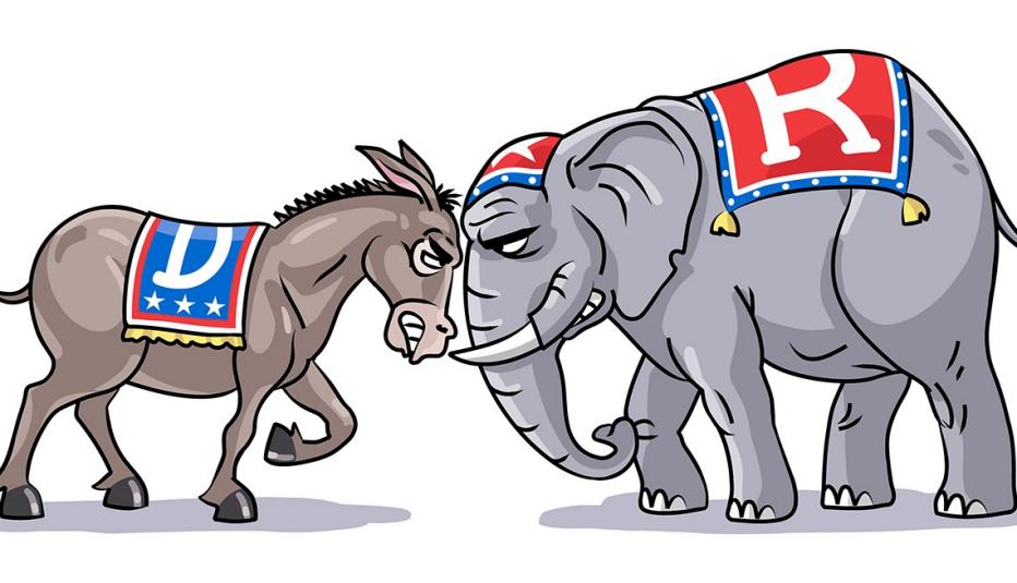 Democratic donkey butting heads with Republican elephant Democratic donkey butting heads with Republican elephant