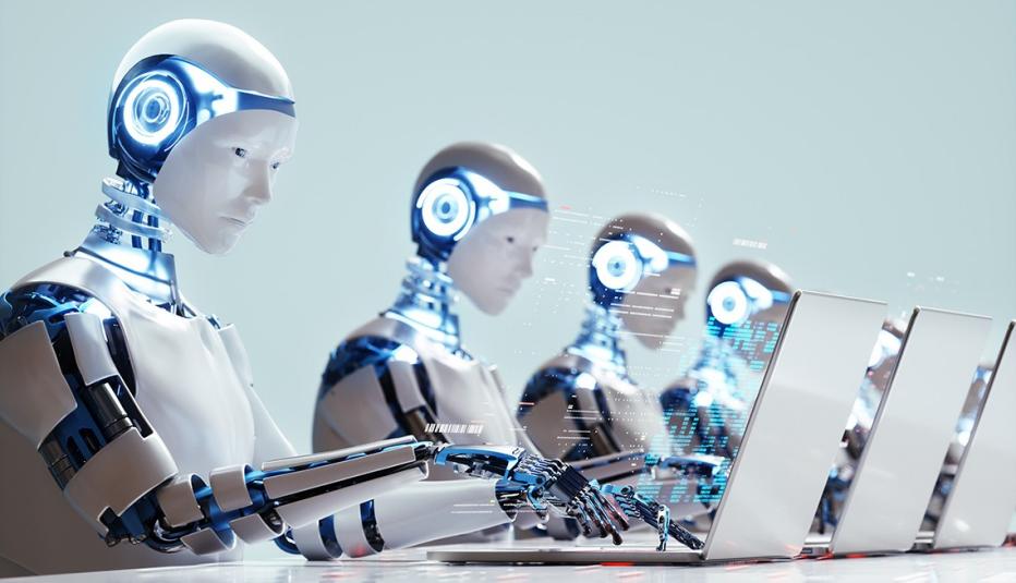 Robots working on laptops