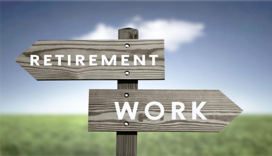Retirement vs work choice road sign on blurred background.