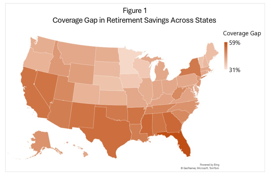 Coverage Gap in Retirement Savings Across States (shown on US map)