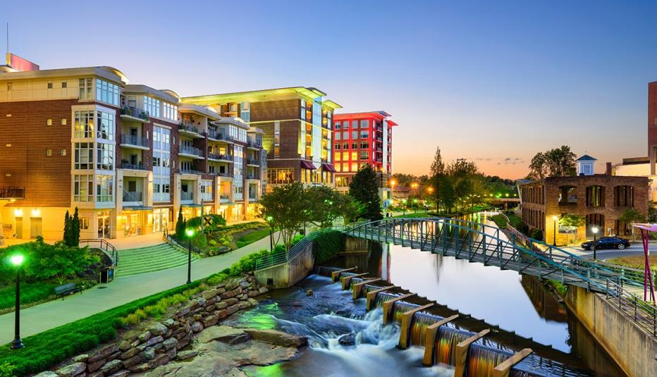Greenville, South Carolina, USA downtown cityscape on the Reedy River.