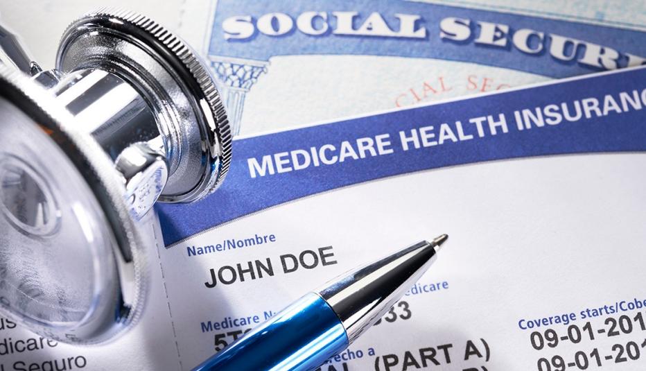 Medicare Health Insurance Card. Social Security Card with Stethoscope and pen