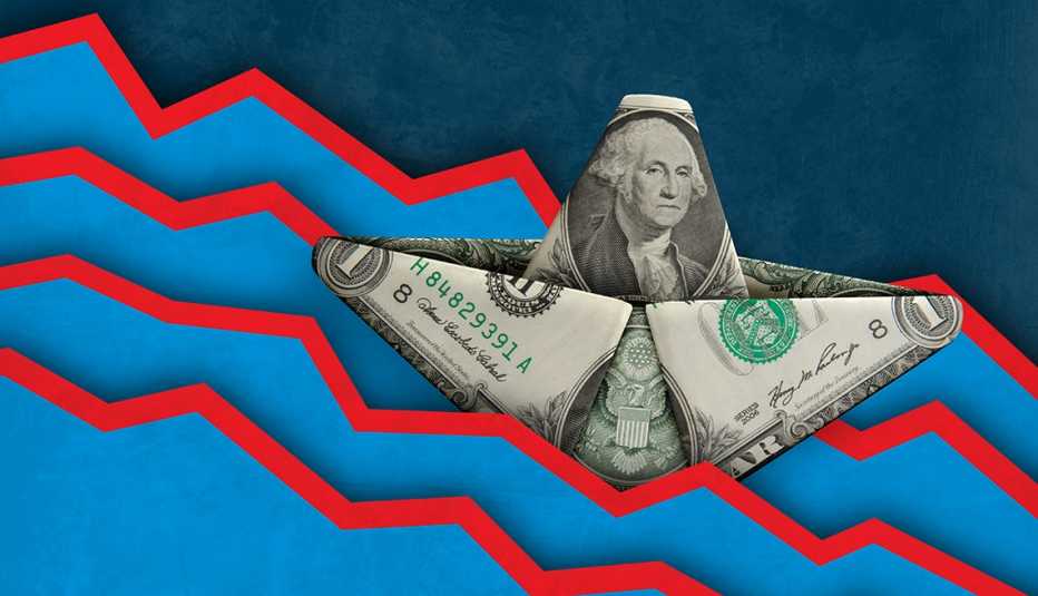 digital composite of a dollar bill paper boat sinking amidst falling graph lines.