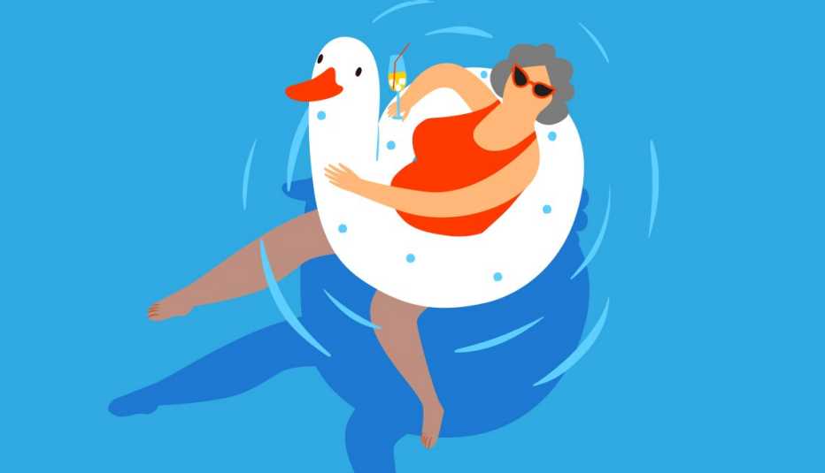 cartoon of a woman in a pool in a float sipping a drink