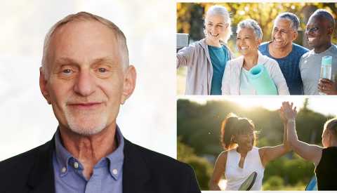 a collage of a man and groups of people