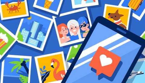 photos of friends pets and vacation and a smart phone with a like notification on it