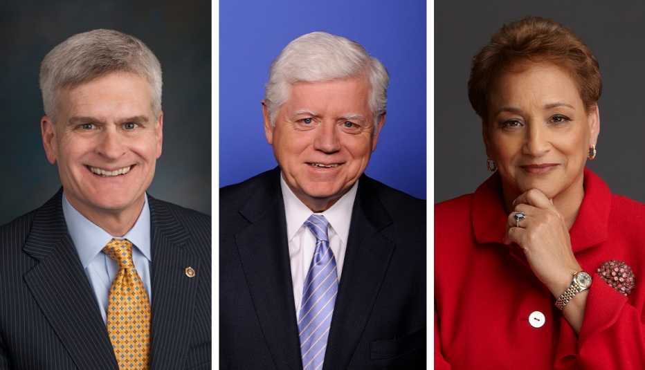 from left to right are u s senator bill cassidy u s congressman john larson and a a r p c e o jo ann jenkins