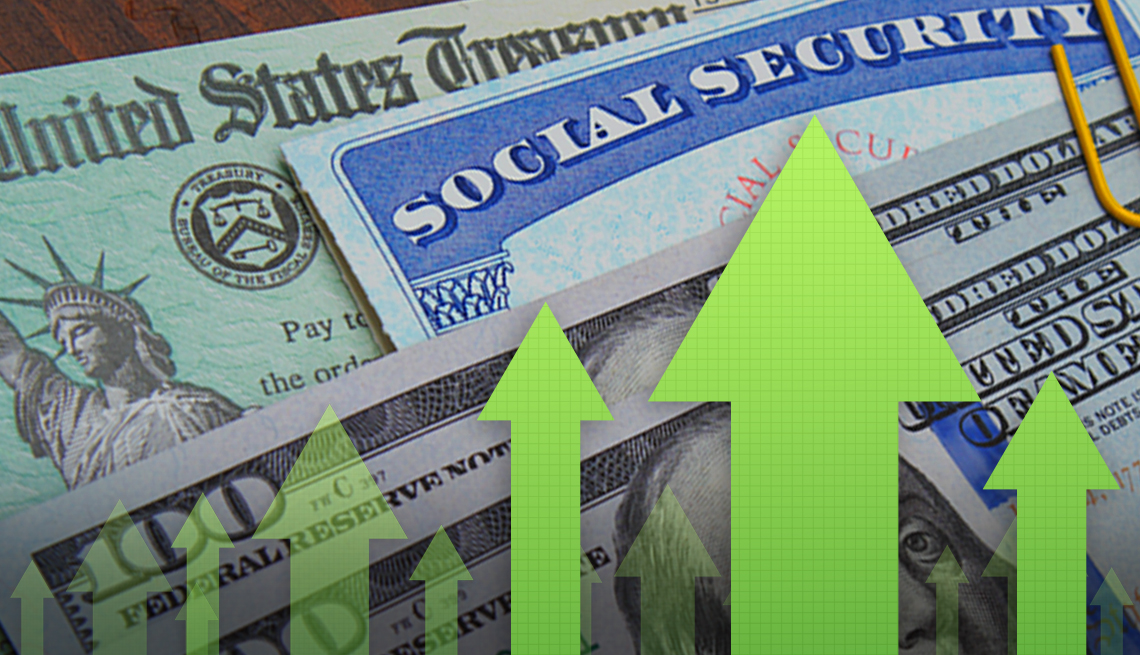 green arrows pointing up overlaid on a Social Security check and card with two hundred dollar bills