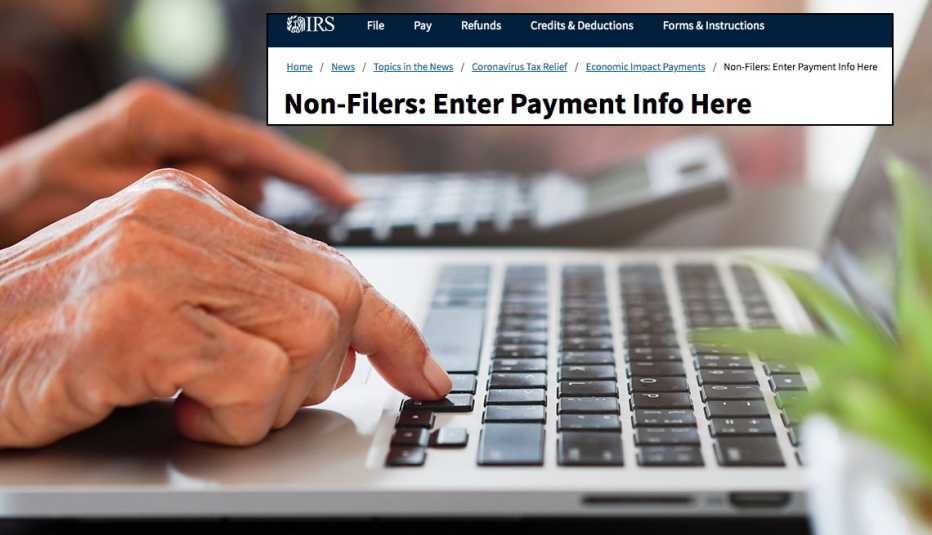 close up retired senior woman hand using laptop and calculator, IRS website text overlay