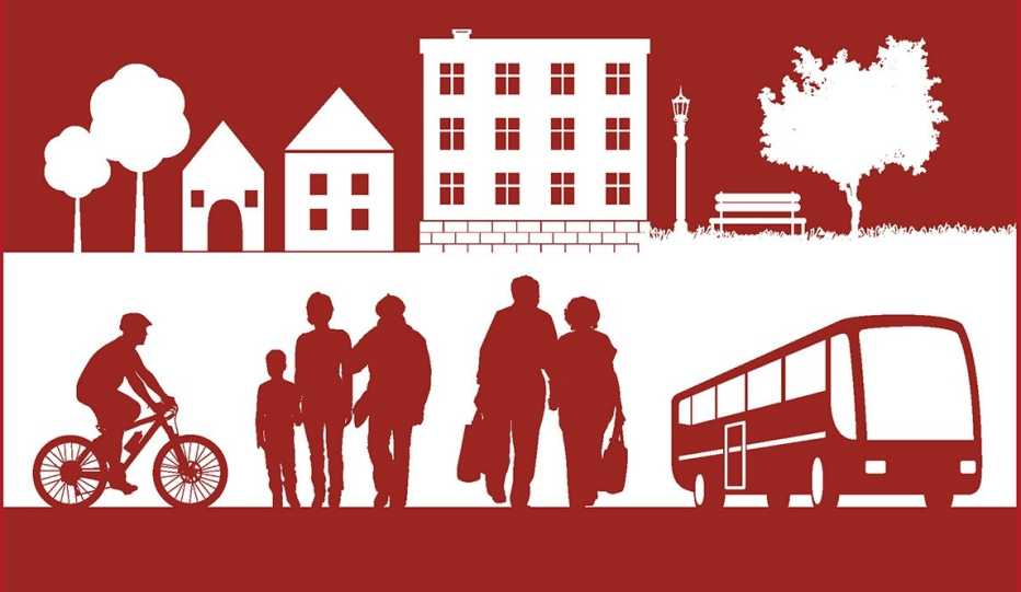 Illustration showing community members, public spaces, housing and transportation options