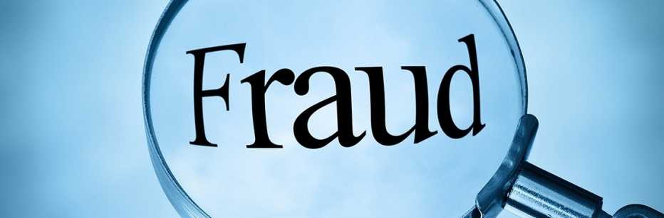 Magnifying glass with the word fraud magnified in blue tone in square format