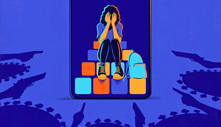 crying teen trapped in a mobile phone which is surrounded by pressures of the world such as coronavirus pointing fingers and weapons 