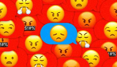 word bubbles full of angry emojis surrounding a sad emoji