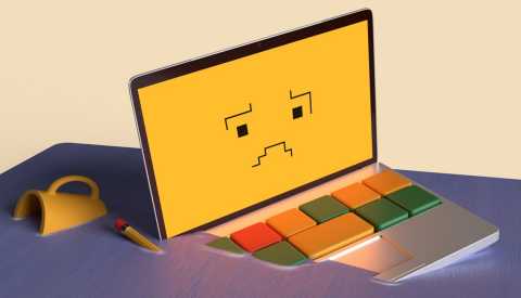 an unhappy childs laptop is slowly sinking into the tabletop to show virtual learning can be detrimental