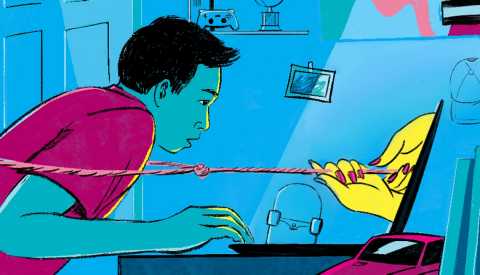 sexy womens hands pulling a lassoed teen boy into a laptop