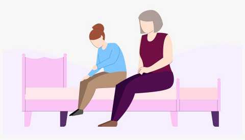 Mother and daughter sitting on a bed talking