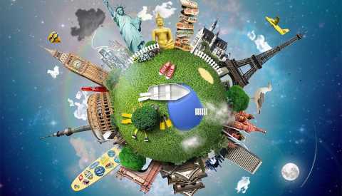 Small planet with landmarks around the world Small planet with landmarks around the world