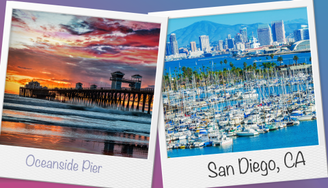 left a colorful sunset at oceanside pier right san diego california as seen from the ocean left a colorful sunset at oceanside pier right san diego california as seen from the ocean
