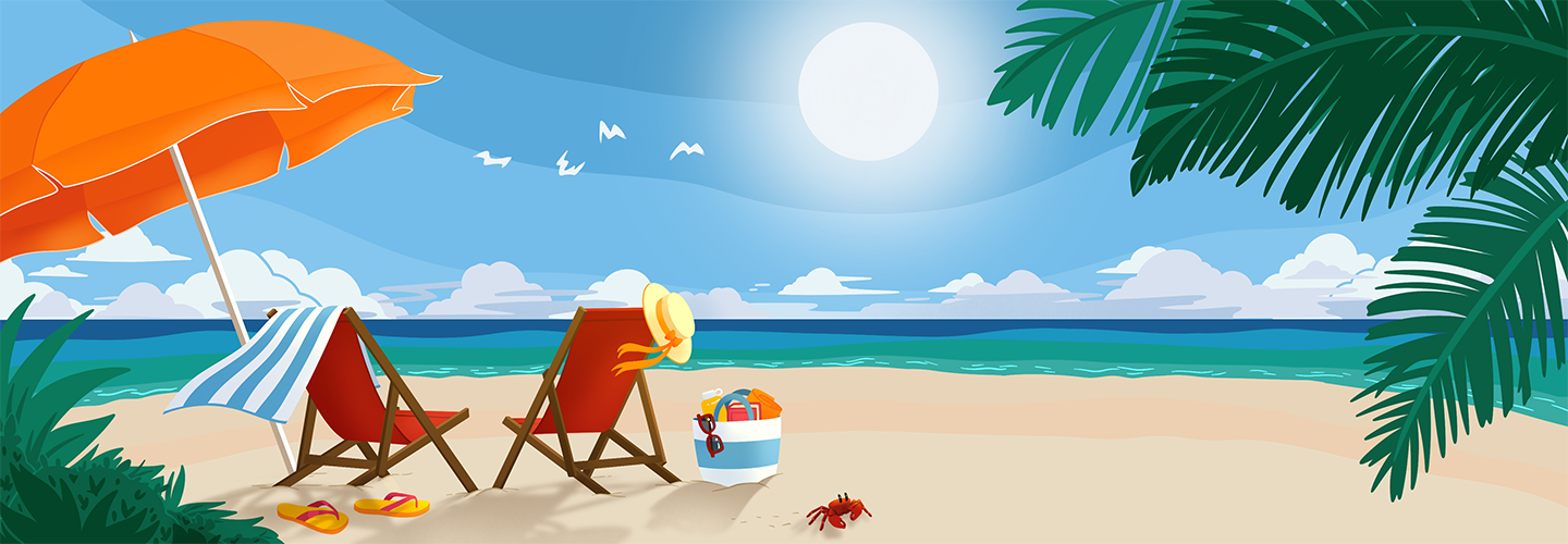 beach chairs an umbrella and flip flops on a sunny beach