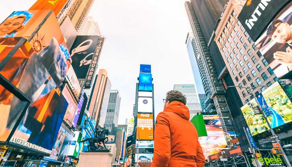 a person walking in times square new york city