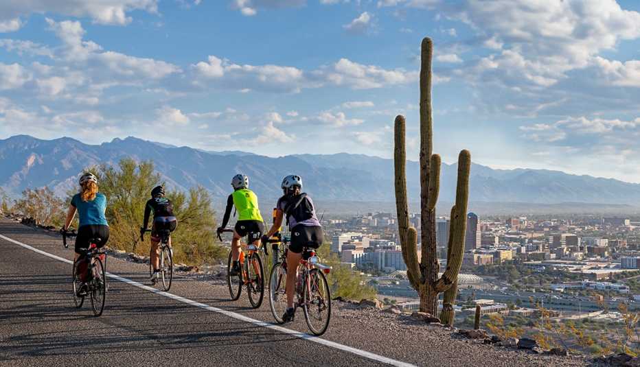 people biking by saguaro cacti in tucson arizona