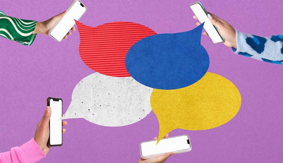 Four hands, each holding a cell phone with word bubbles coming out of them four hands, each holding a cell phone with word bubbles coming out of them