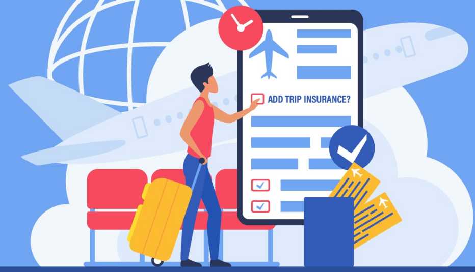 a traveling woman trying to decide if she should pay extra for airline trip insurance