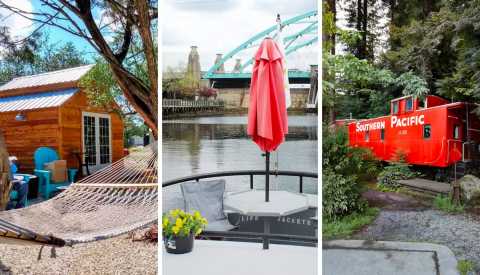 rentals left a hammock in front of a cedar bungalow center the back deck of a tugboat on the water right a southern pacific caboose