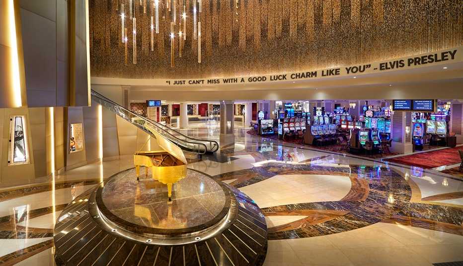 a gold piano on display inside the Seminole Hard Rock in Tampa