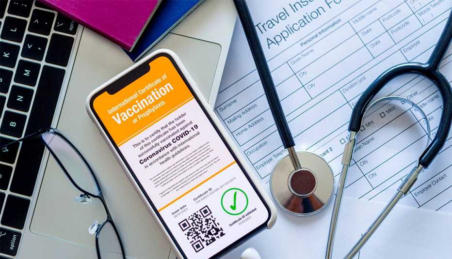 COVID-19 vaccination certification and travel health insurance form concept